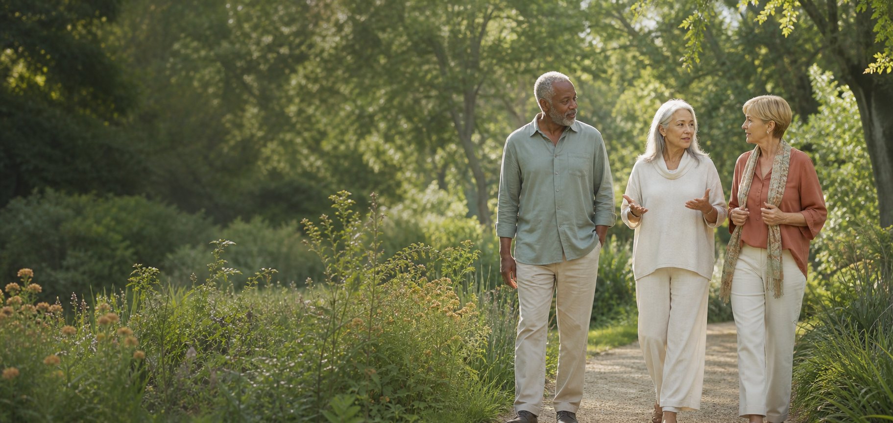 Three older friends walking and talking through a leafy garden